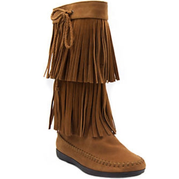 NIB Sugar Double Fringe Vegan Suede Knee Length Boots - Picture 2 of 4